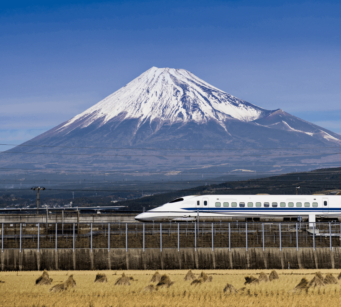 Bullet train passing Mt. Fuji Japan