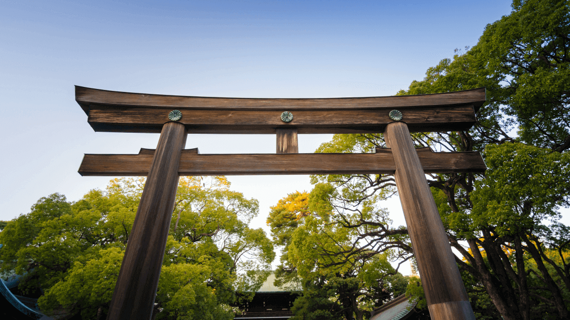 The torii gate at the entrance of Meiji Jingu Shrine, Harajuku, Tokyo, Japan